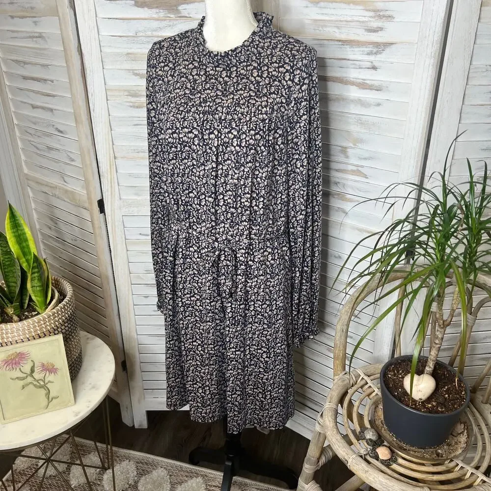 BODEN Women's 10R Long Sleeve Belted Shift Ditsy Floral Dress Beige Black Retro - Picture 4 of 15